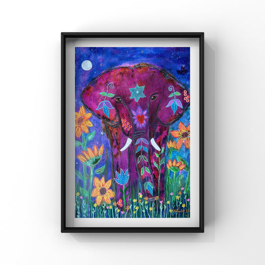 Art print of an acrylic painting featuring a female elephant. She is painted among colorful sunflowers and a blue sky with a full moon.  Art print size is 8.5 x 11 inches. Printed in acid free paper that has been reclaimed and it is recyclable. 