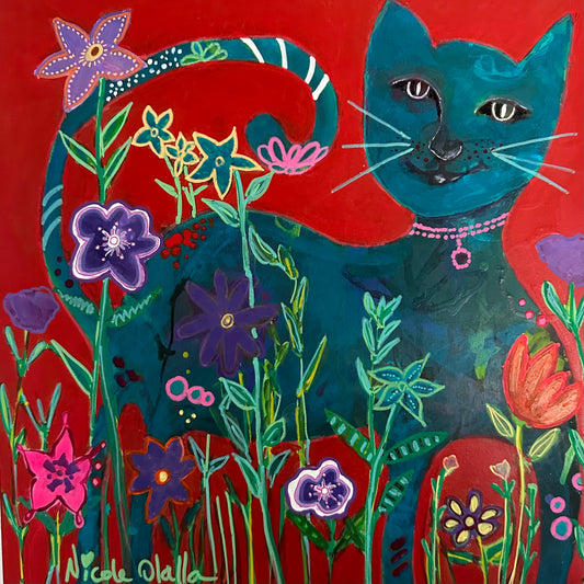 Kitty in the yard - original (12 x 12 inches)