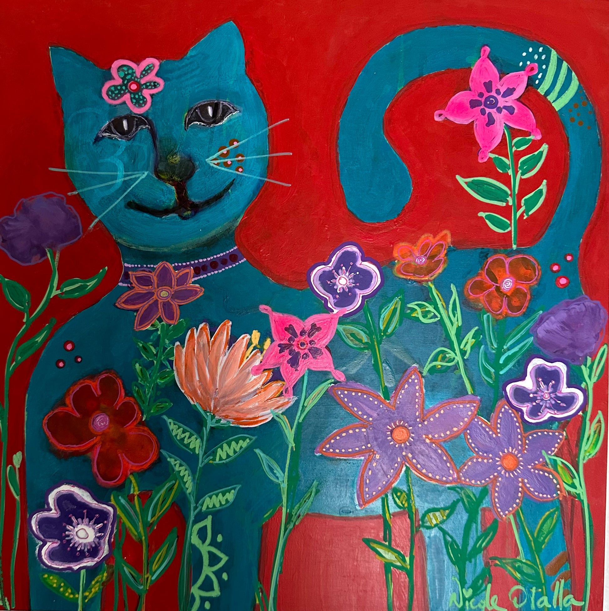 A one of a kind painting, only one available, its a cat that loves flowers, with red background and wild flowers.12 by 12 inches wood panel ready to hang. 