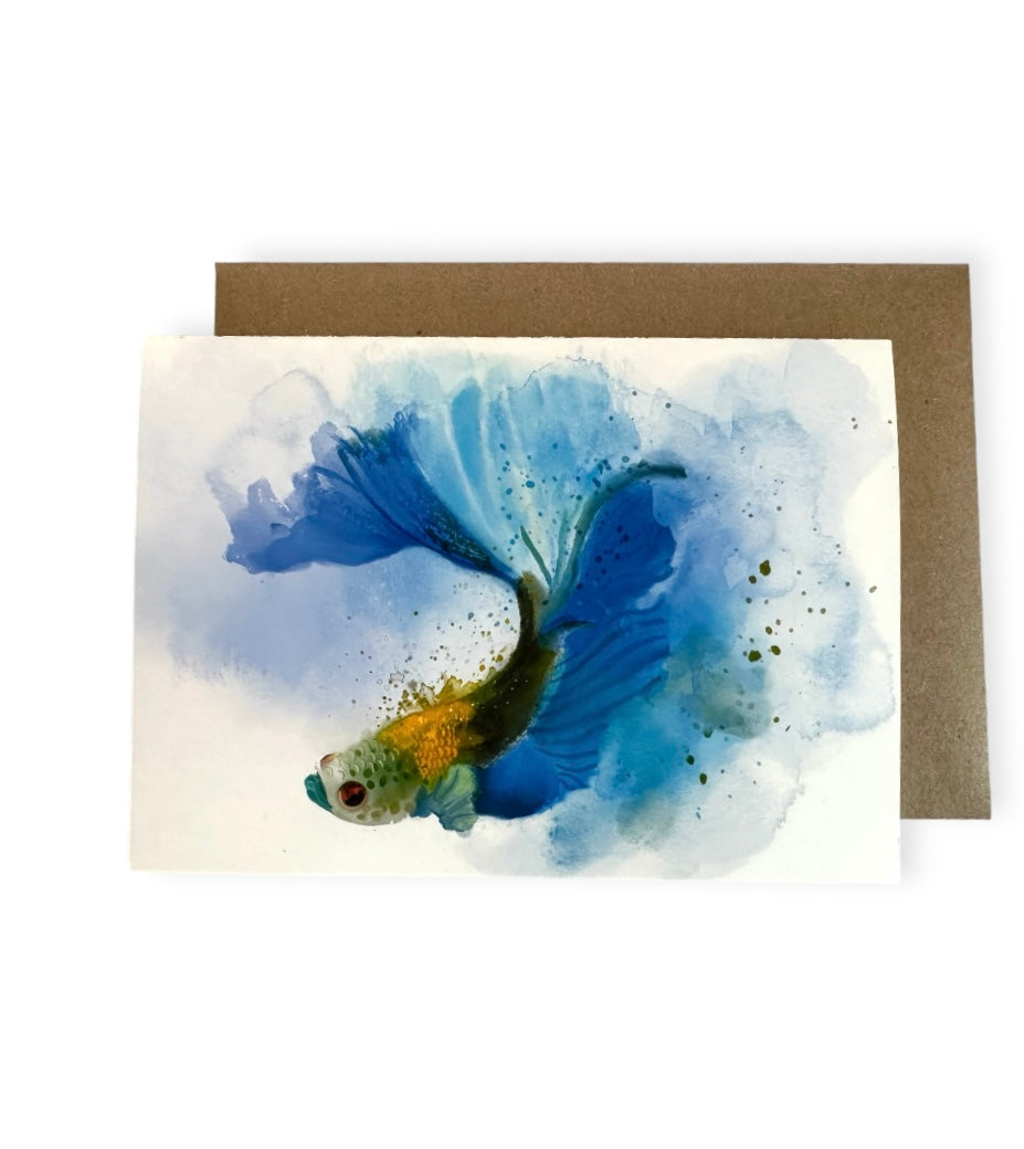 For Koi fish lovers, this is a water color effect digital painting greeting card, the fish is swimming  and as it swims displays all its beauty of blue colors, yellows and greens. Printed in archival paper (acid free) recycled paper and recyclable. Comes with a recycled kraft paper envelope. Size is 5 by 7 inches. Card is blank inside.